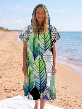 Ladies Fashion Print Beach Towel Robe  W/ Hood